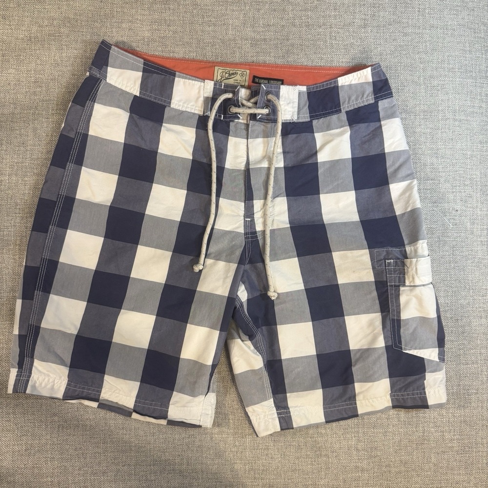 J.Crew Board Shorts Men's 32 Blue White Plaid Swim Trunks Surf Beach